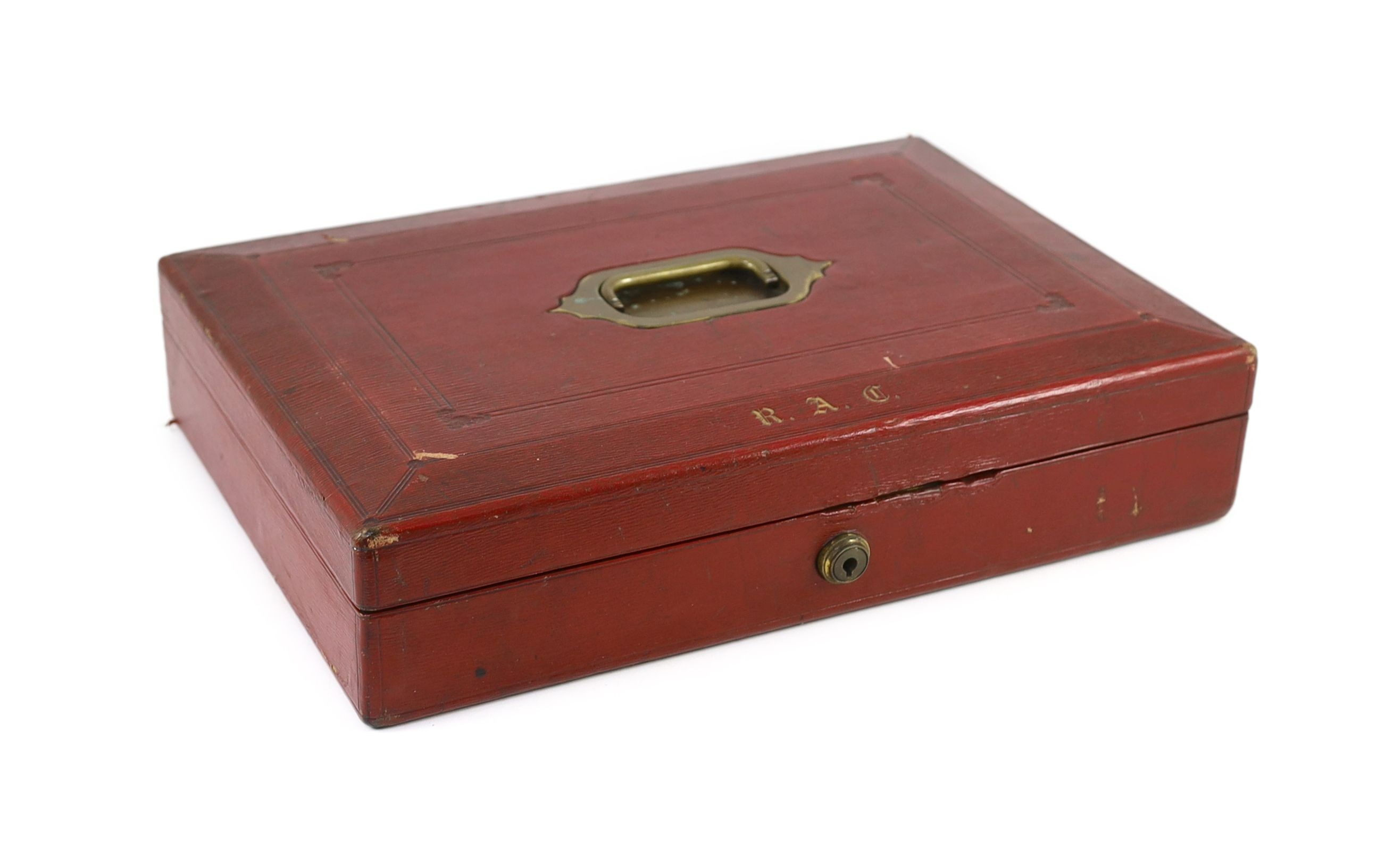 An early 20th century red morocco despatch box, formerly the property of Richard Assheton Cross, b.1882, width 42cm, depth 30cm, height 9.5cm